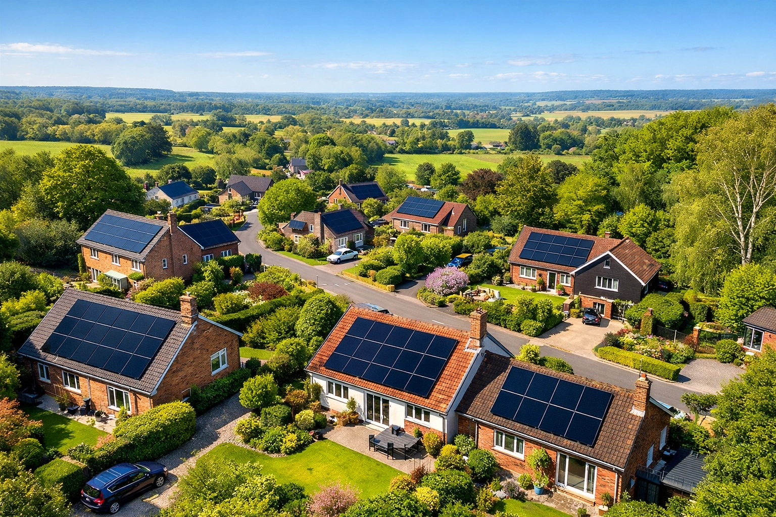 Aerial view of a sustainable Hampshire neighborhood with professional solar panel installations on multiple homes.