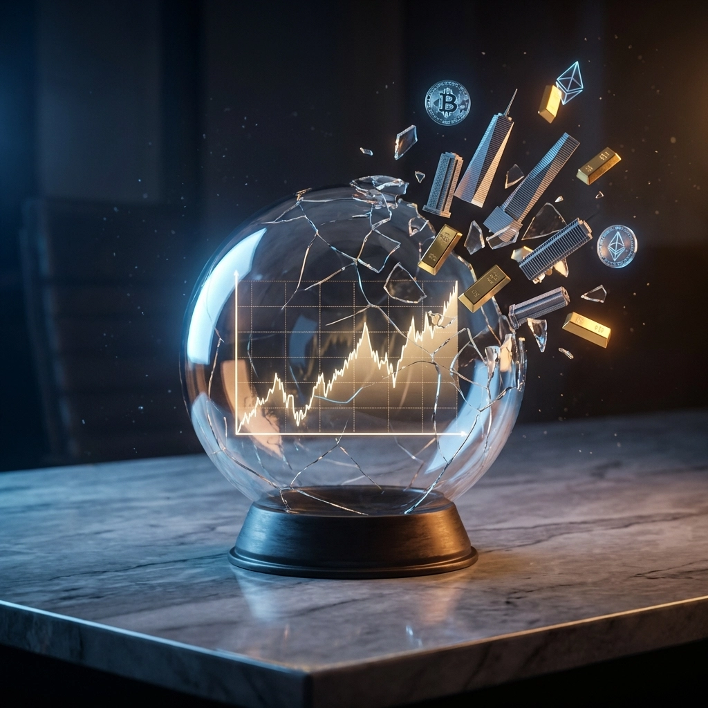 Shattered glass sphere transforming into gold, real estate, and crypto assets, illustrating true portfolio diversification.