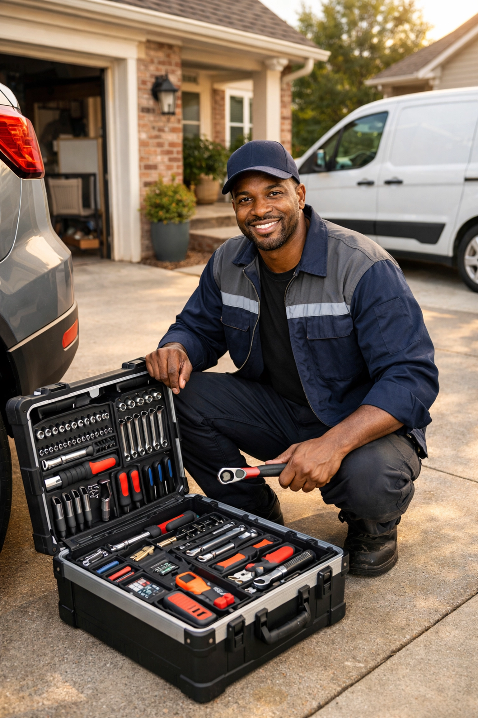 Mobile mechanic with tools at client's driveway showing business insurance needs