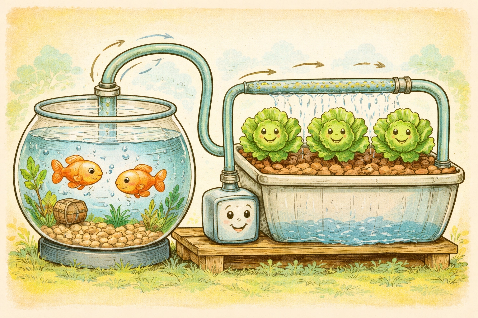 Storybook cross-section of a simple aquaponics system for kids, with goldfish, grow bed, and water pump