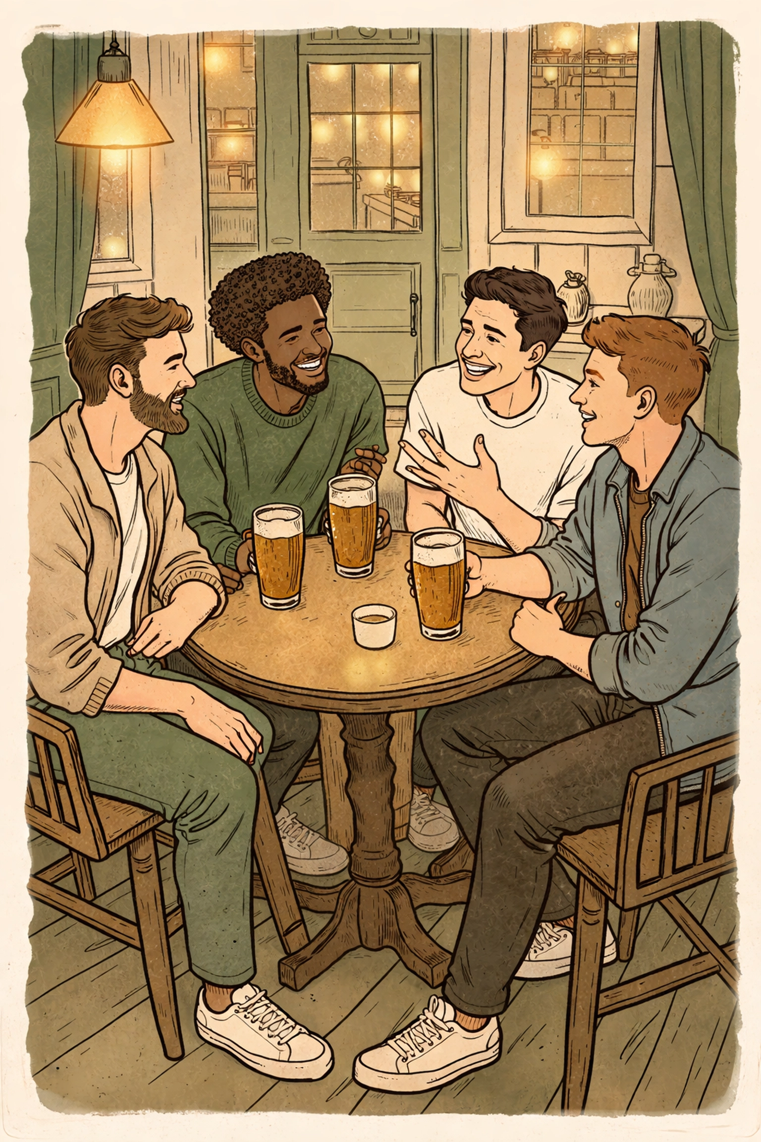 Four gay male friends laughing and sharing drinks in a cozy London pub, highlighting found family and friendship.
