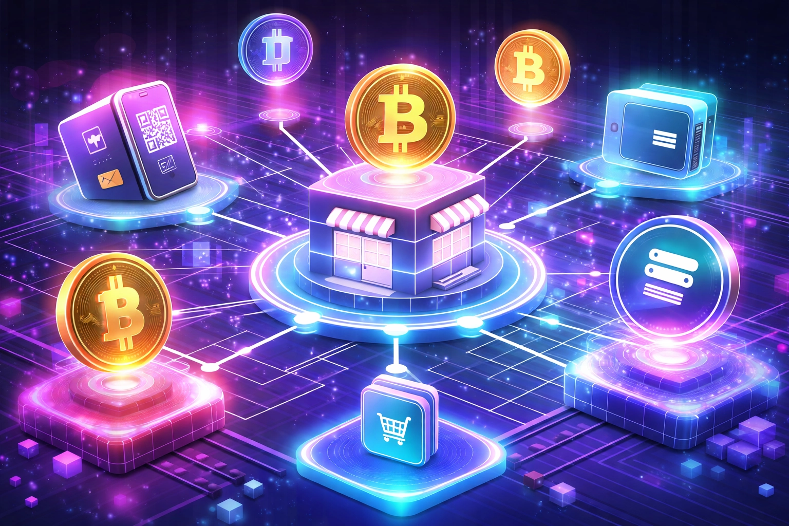 Digital marketplace integrating crypto coins, wallets, and blockchain payments for seamless merchant transactions