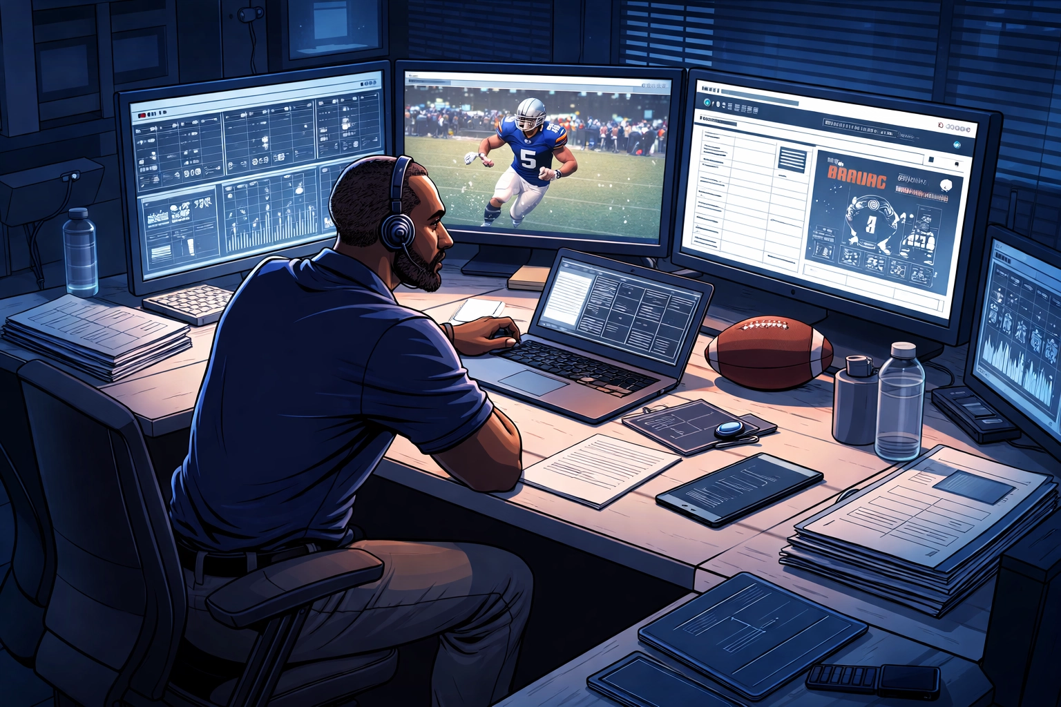 College football coach analyzing athlete video highlights on multiple screens during recruitment season.