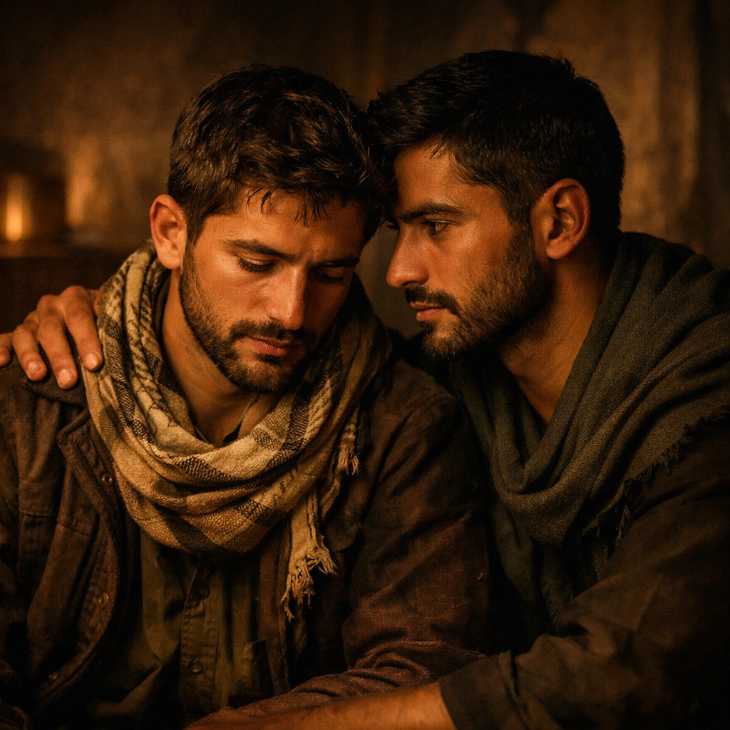 Two gay Afghan men in a safe house sharing a moment of silent solidarity and resilience during their journey to safety.