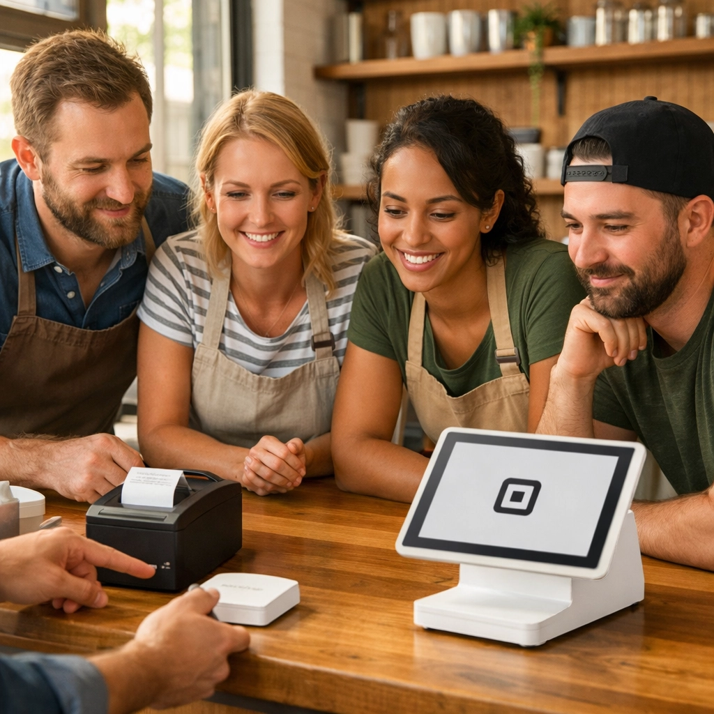 Small business owners reviewing POS system hardware options including Square card reader