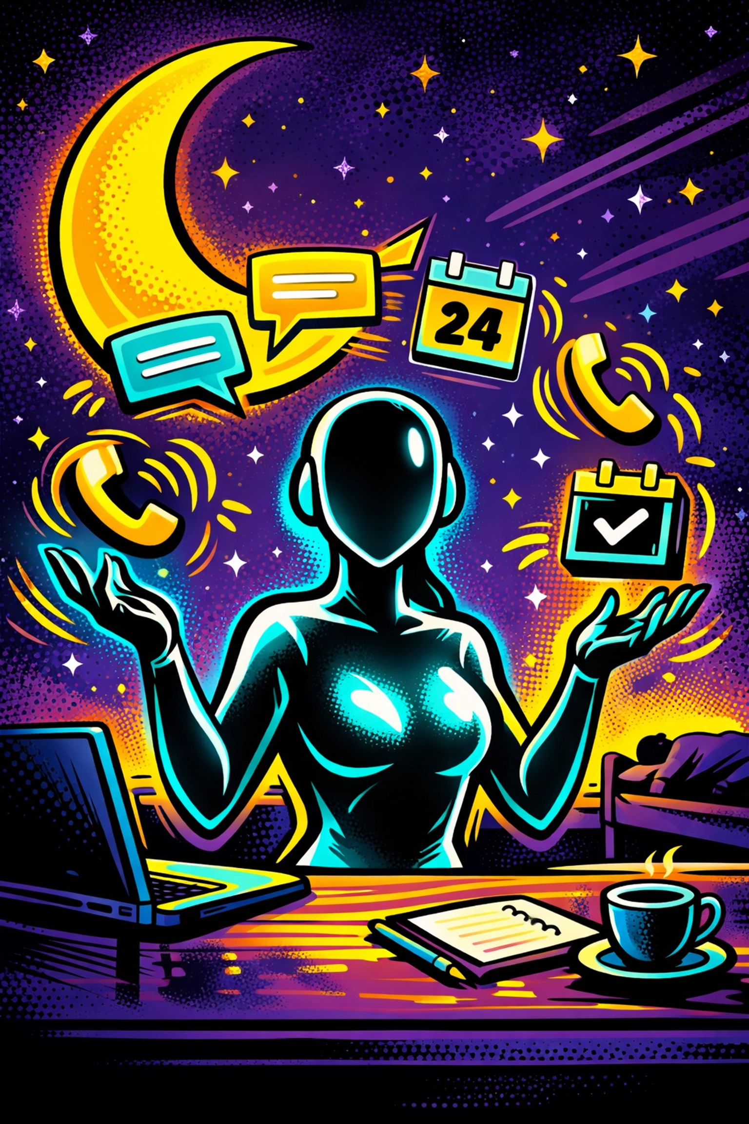 AI virtual assistant for business juggling customer chats and calendar bookings around the clock.