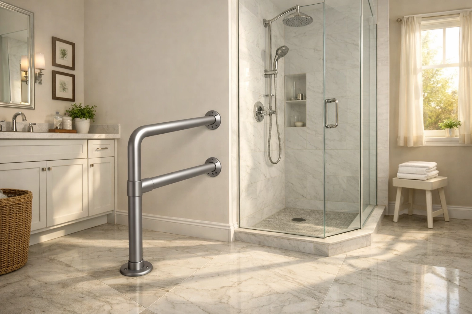 Sturdy bariatric-rated bathroom safety rail installed next to a walk-in shower for fall prevention.