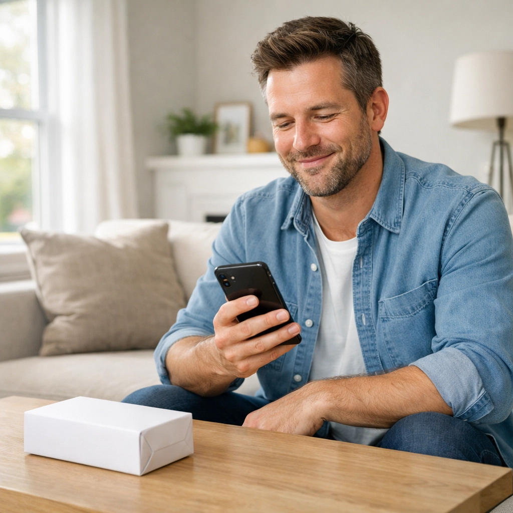 A man in a bright living room using a smartphone for a convenient telemedicine weight loss appointment.