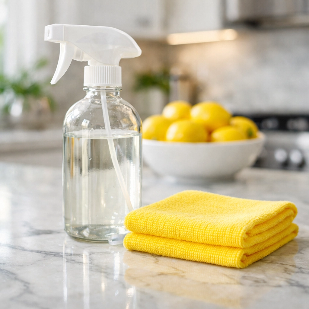 Eco-friendly cleaning products and a microfiber cloth on a sparkling marble kitchen island in Nantucket.