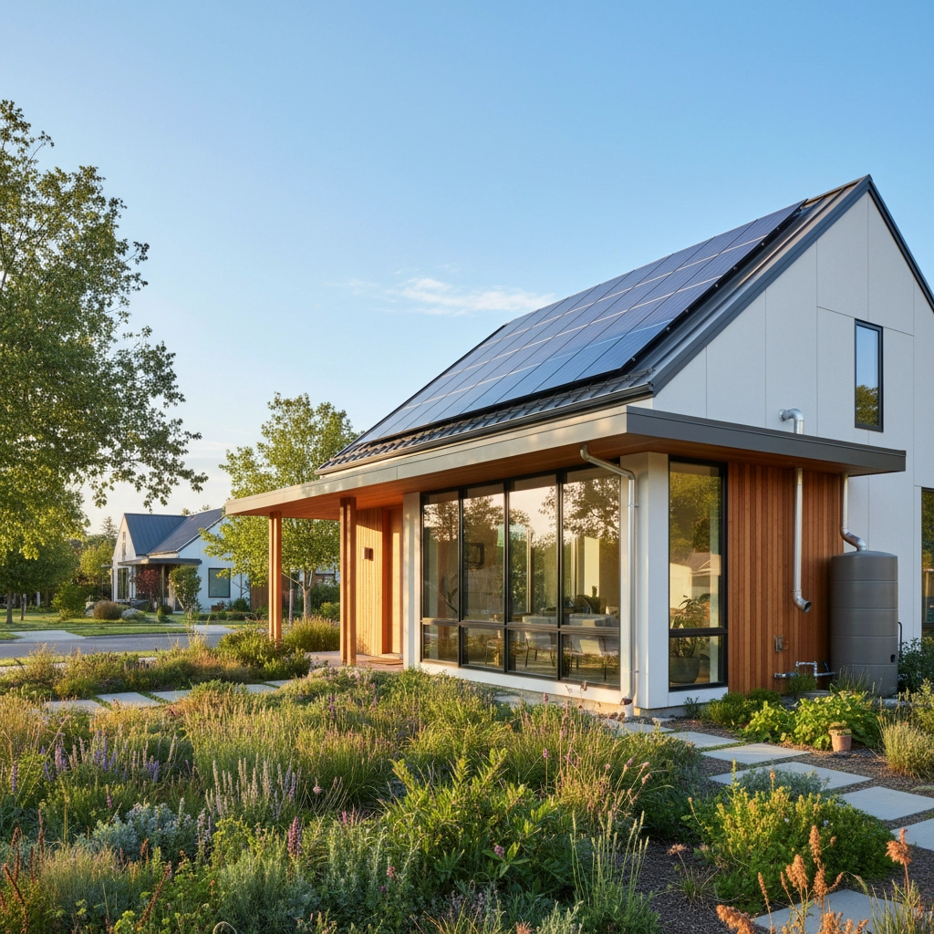 “Eco-friendly home with solar panels and green plants, featuring a family enjoying healthy outdoor activities, representing climate adaptation and financial savings.”