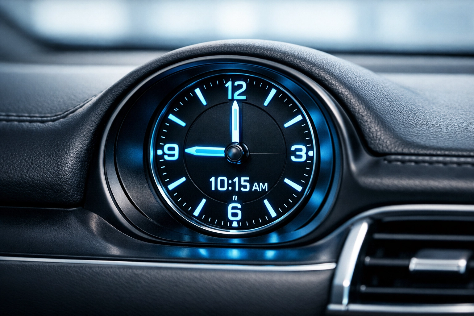 Modern vehicle dashboard clock highlighting punctual non-emergency medical transportation in Durham NC.