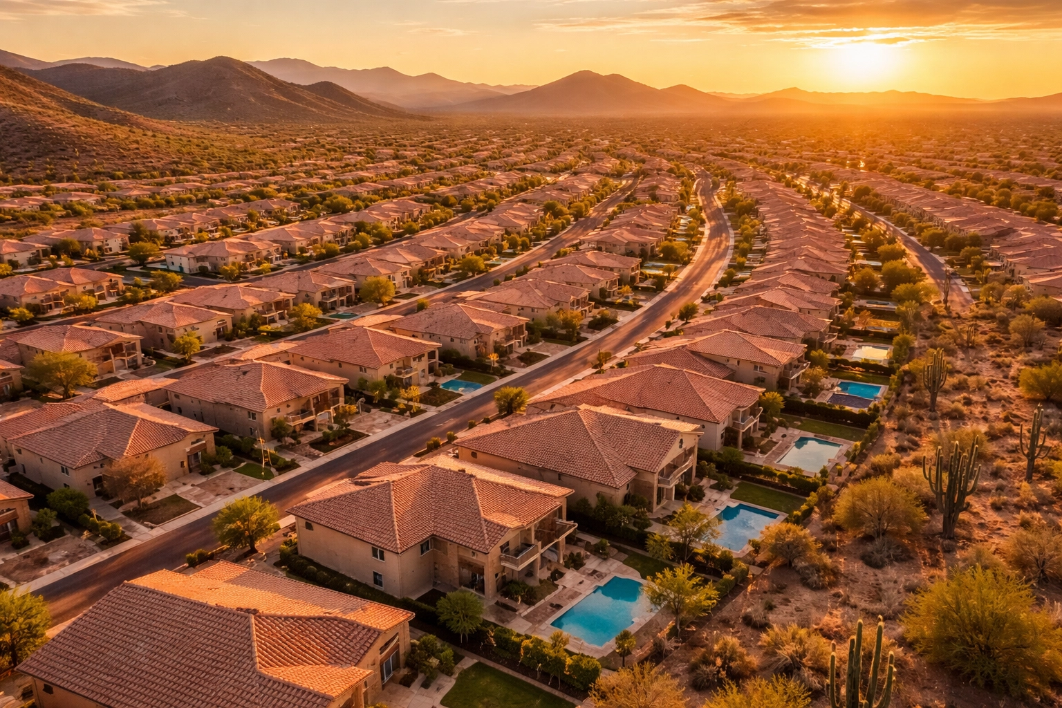 Aerial view of a growing Phoenix neighborhood at sunset, highlighting affordable housing and Arizona real estate trends.