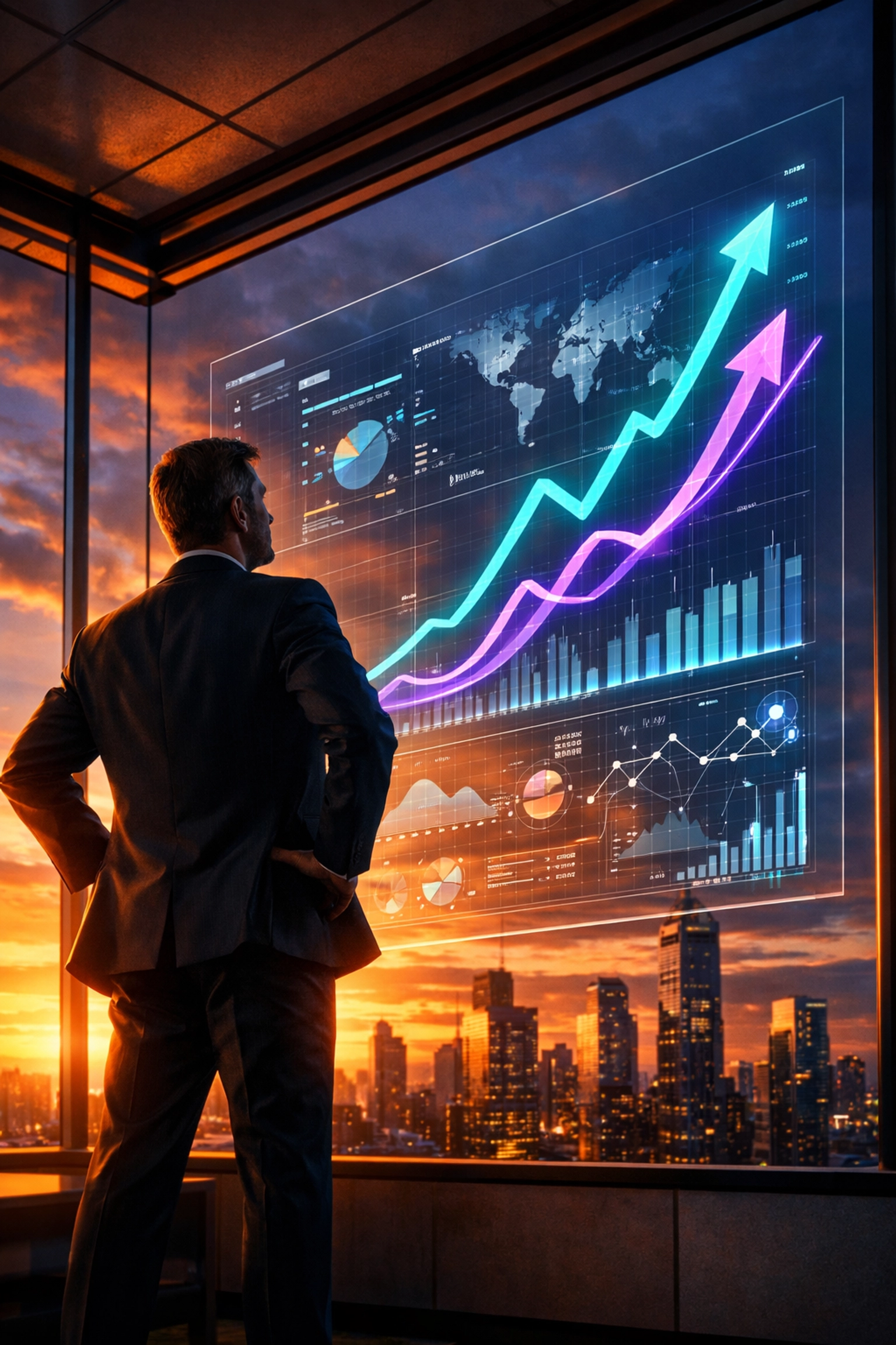 Business professional reviewing social media growth data and organic marketing strategy.