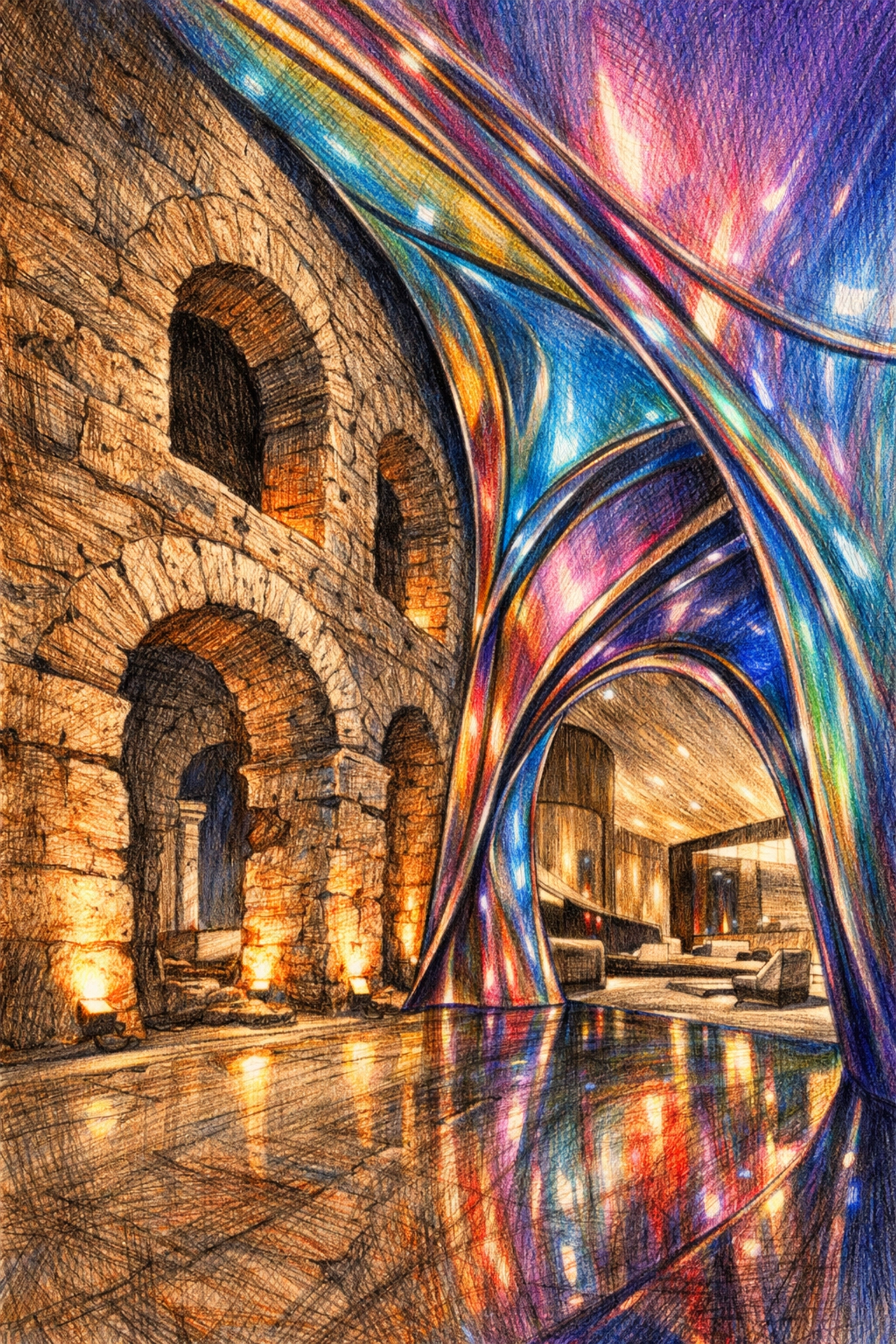 Luxury hospitality design blending ancient Roman stone walls with futuristic architectural curves.