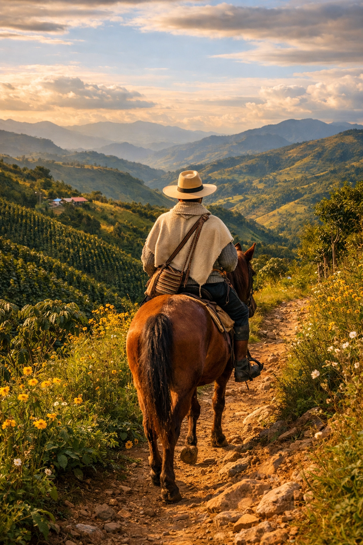 Horseback riding through Andean coffee plantations near San Agustín archaeological sites Colombia