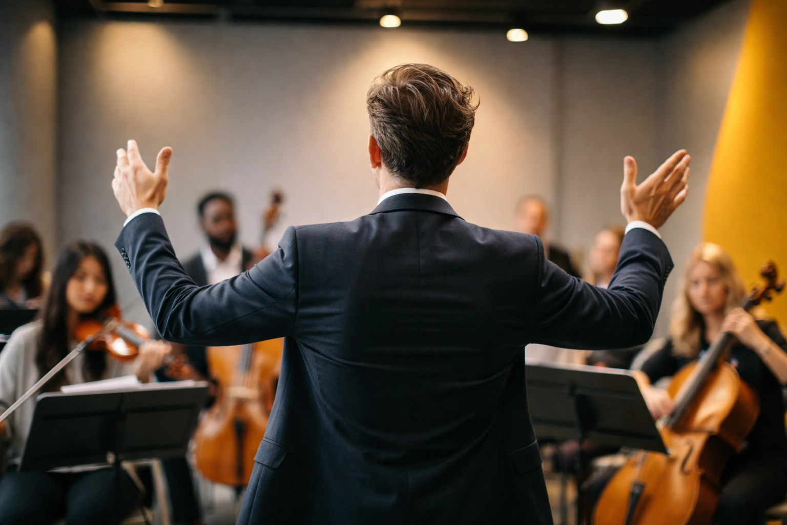 Orchestra conductor leading a diverse team, symbolizing collaborative and empathetic leadership