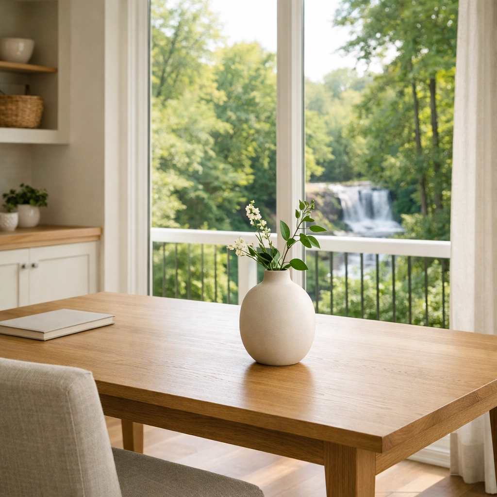 Sun-drenched modern home interior in Chagrin Falls with a minimalist home office and natural views.