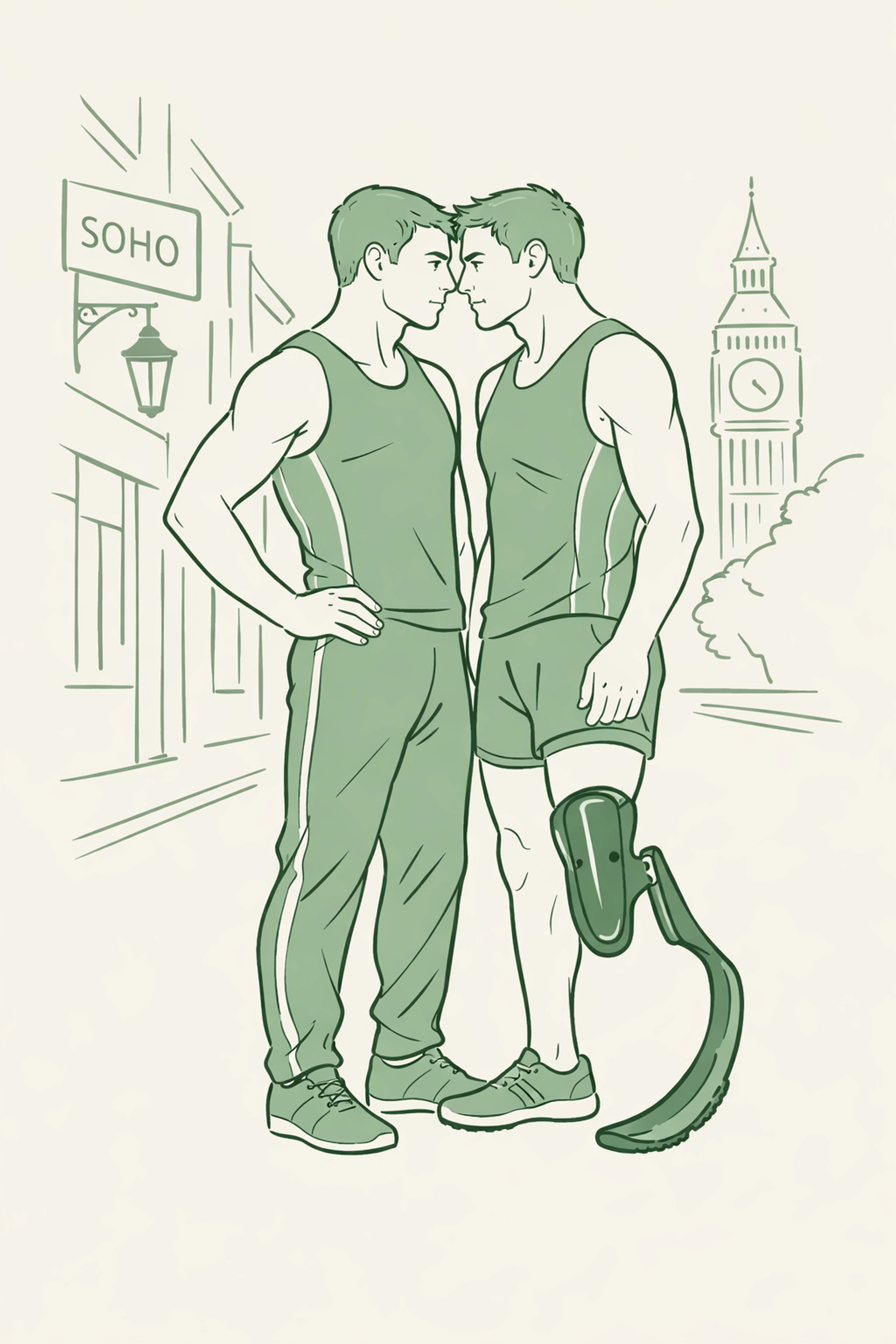 MM romance illustration of a sprinter and a blade runner sharing a romantic gaze in London.
