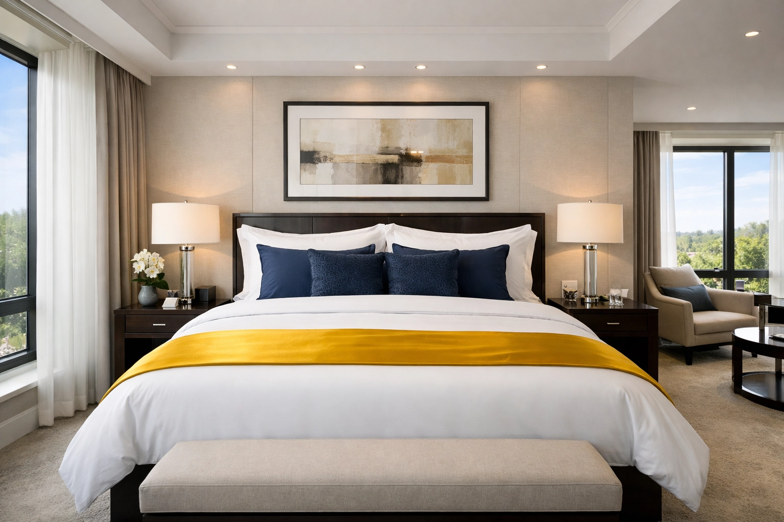 A professionally cleaned and staged luxury bedroom showing high standards of hygiene and mattress maintenance.