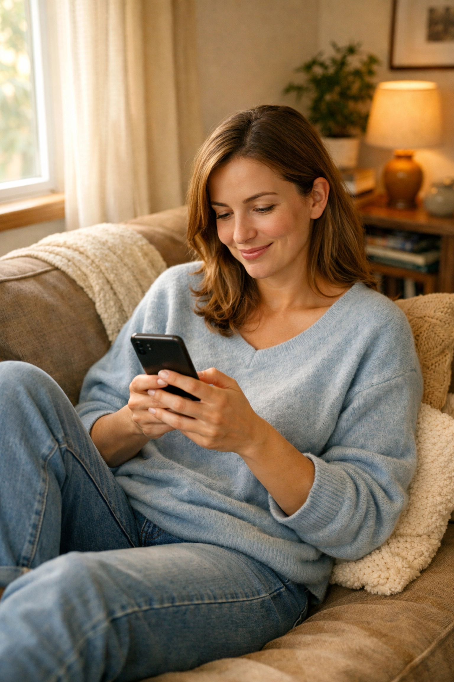 Woman using smartphone for confidential online doctor consultation from her couch at home
