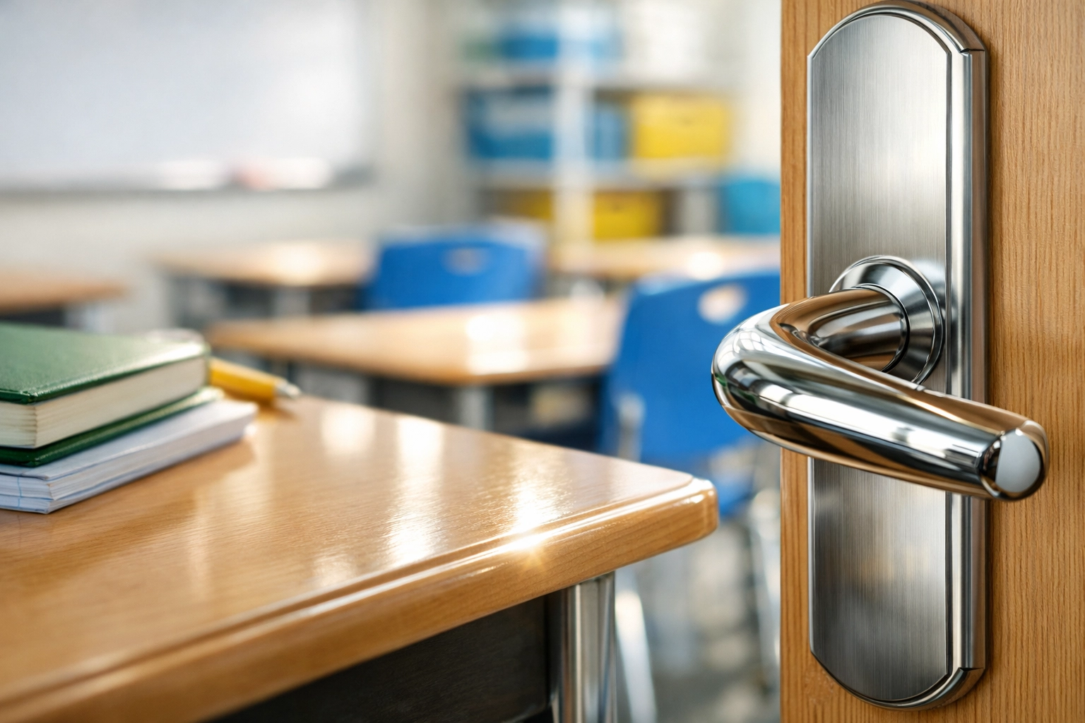 Sanitized classroom desk and polished door handle in a clean Harvard school.
