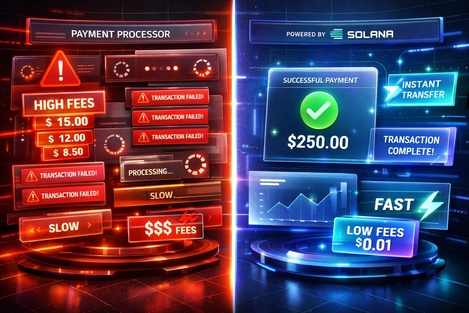 Comparison of slow crypto payment processor vs fast Larecoin Solana-based settlement interface