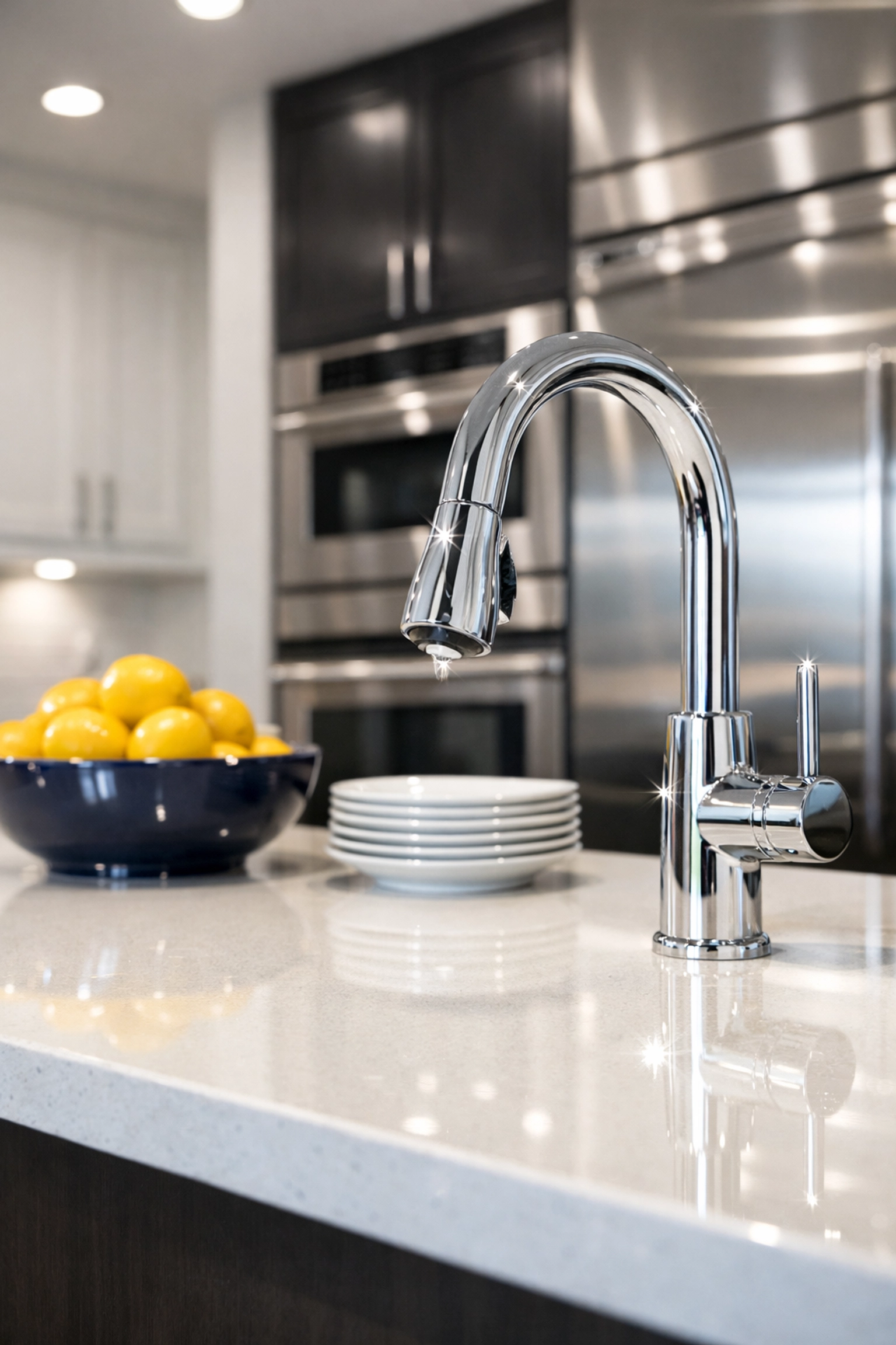 Sparkling clean quartz kitchen countertop after a deep cleaning service in a Leominster apartment.