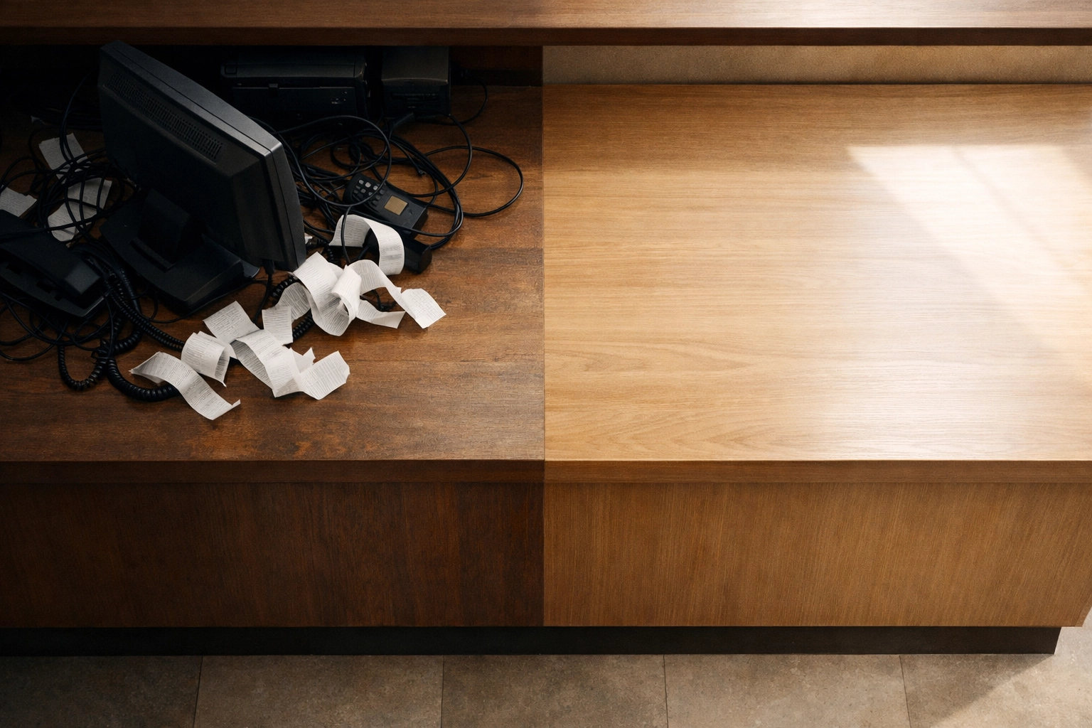 Comparison of a cluttered legacy hotel desk and a clean, modern property management workspace.