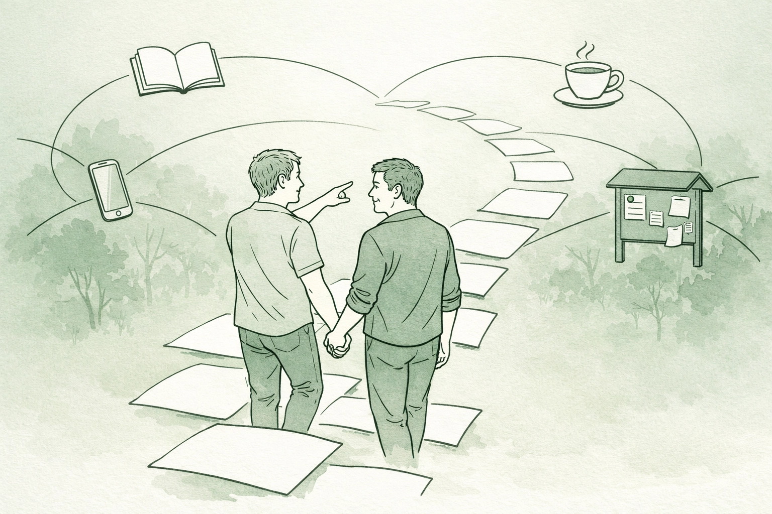 Two men walking on a path of book pages, symbolizing a non-binary journey through queer literature and growth.
