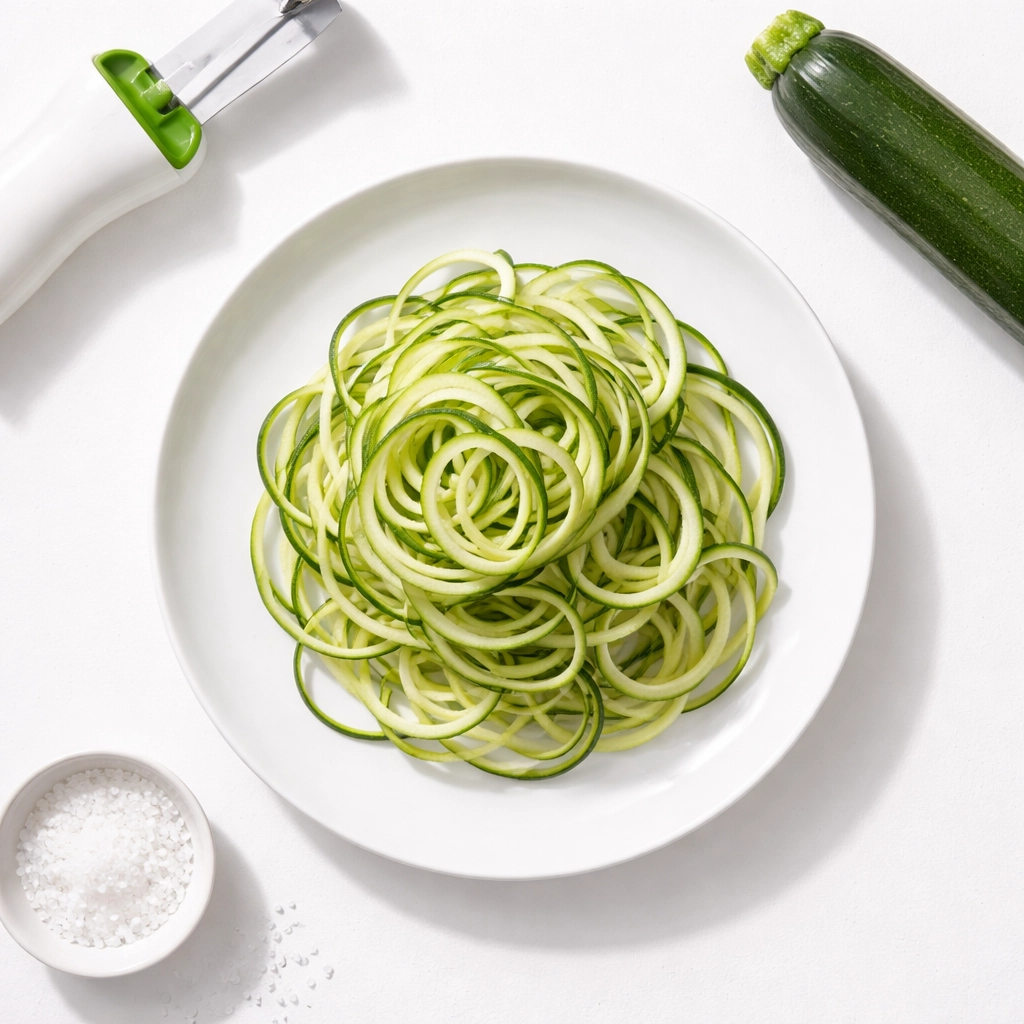 Fresh spiralized zucchini noodles with zucchini and sea salt, perfect keto pasta replacement for scampi