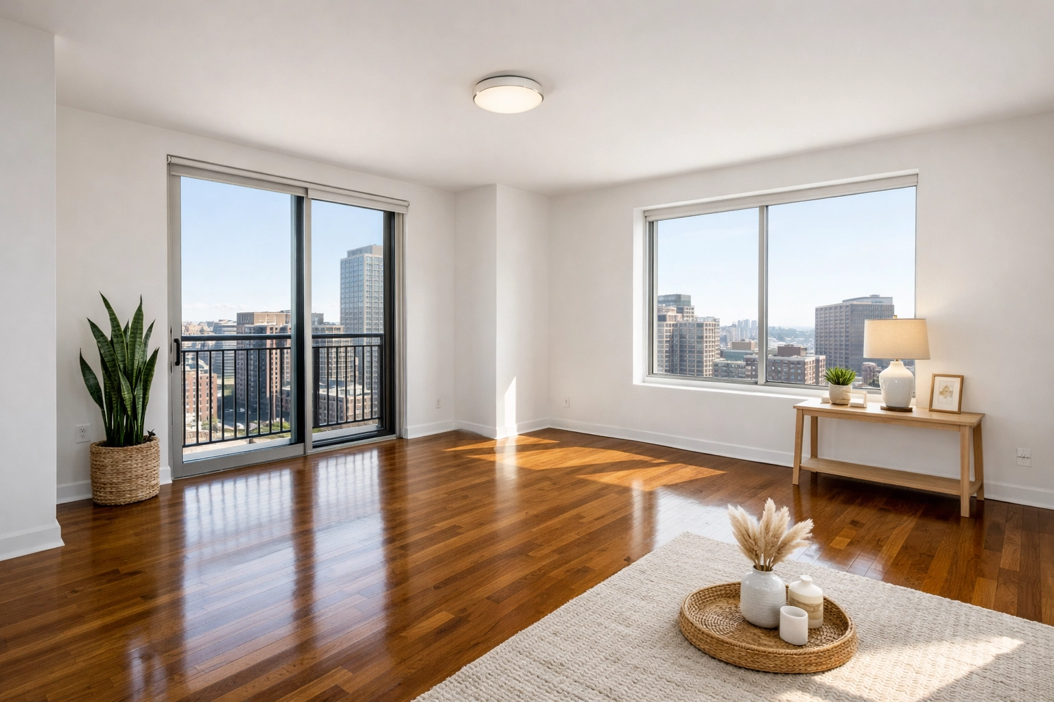A pristine, move-in ready apartment in the Midwest featuring polished hardwood floors and bright, natural light.