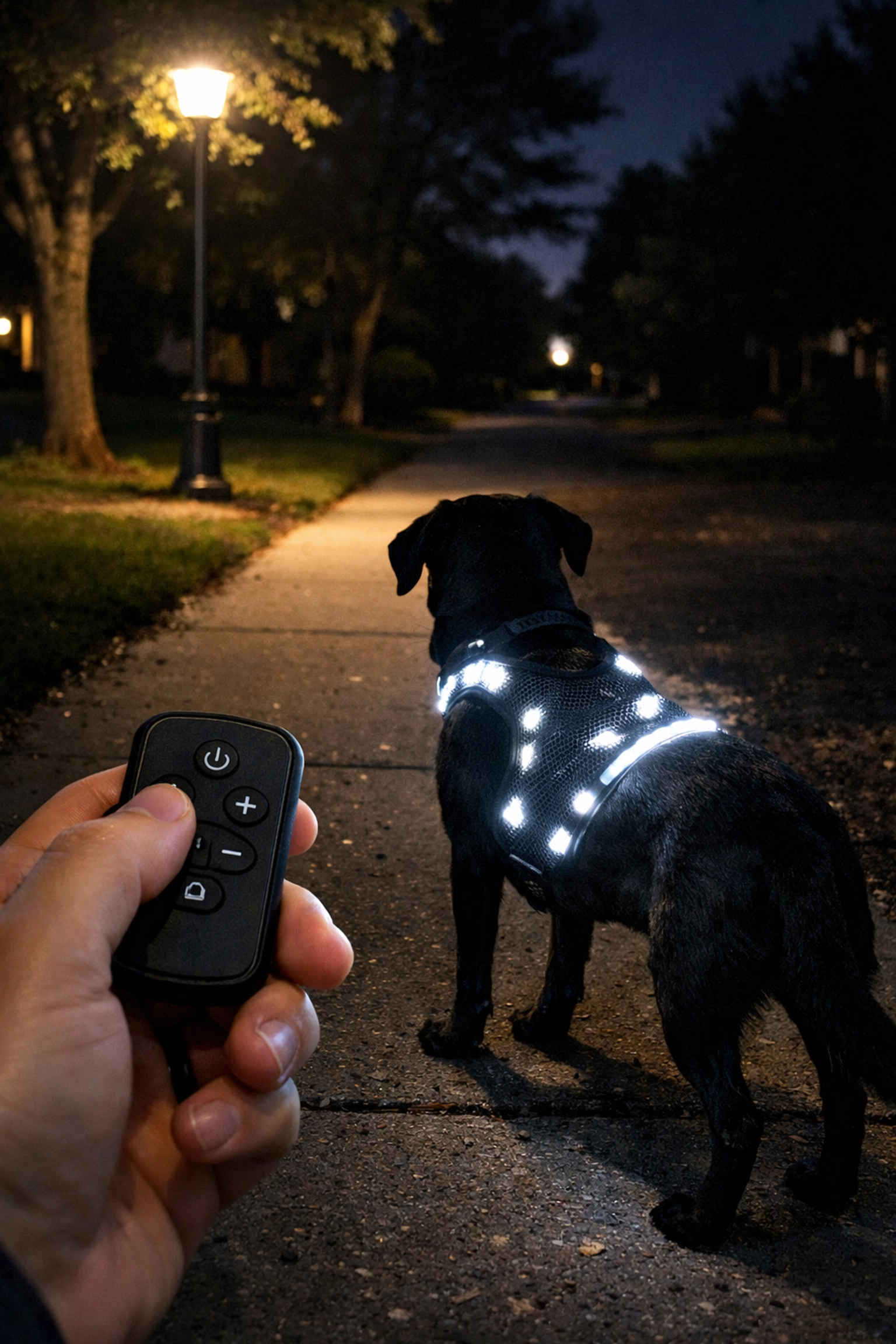 Remote-controlled LED dog harness with white lights during night walk on suburban sidewalk