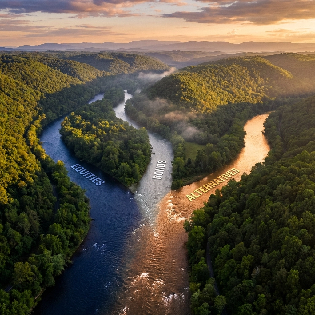 Aerial view of three colored rivers merging, illustrating equities, bonds, and alternatives blending in a diversified 40/30/30 portfolio approach.
