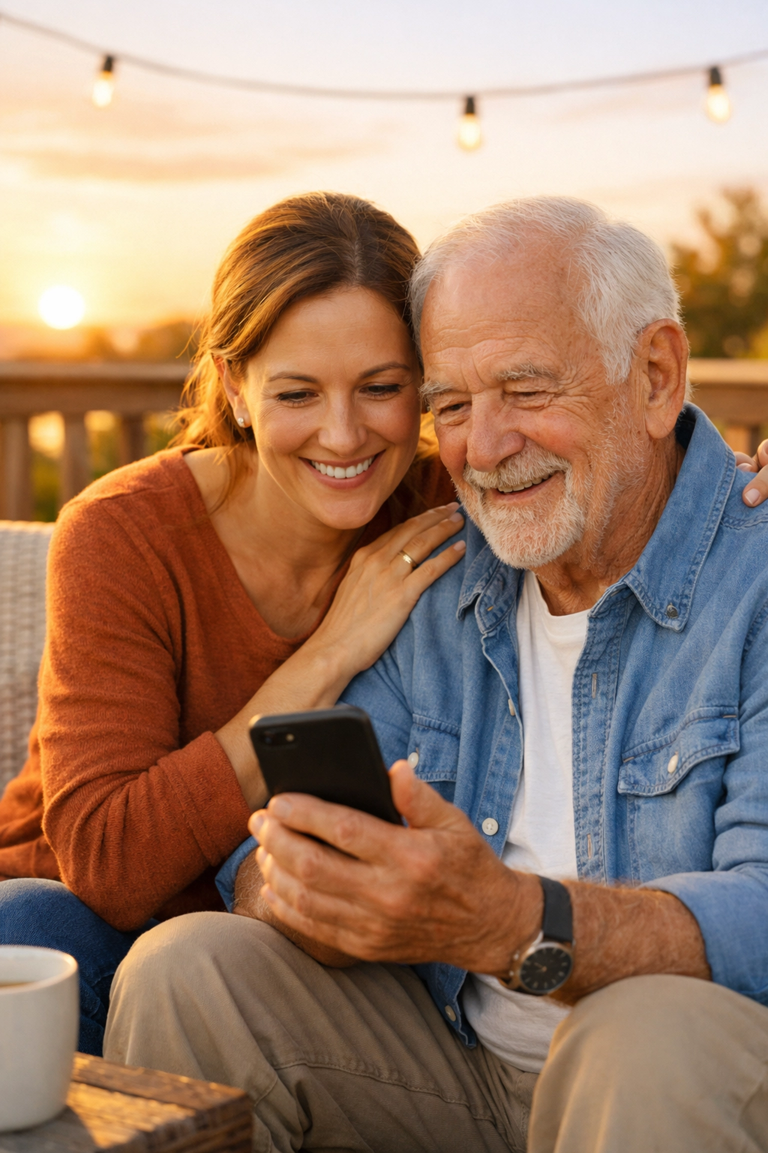 A caregiver daughter and her elderly father sharing a moment during a daily safety check-in on a patio.