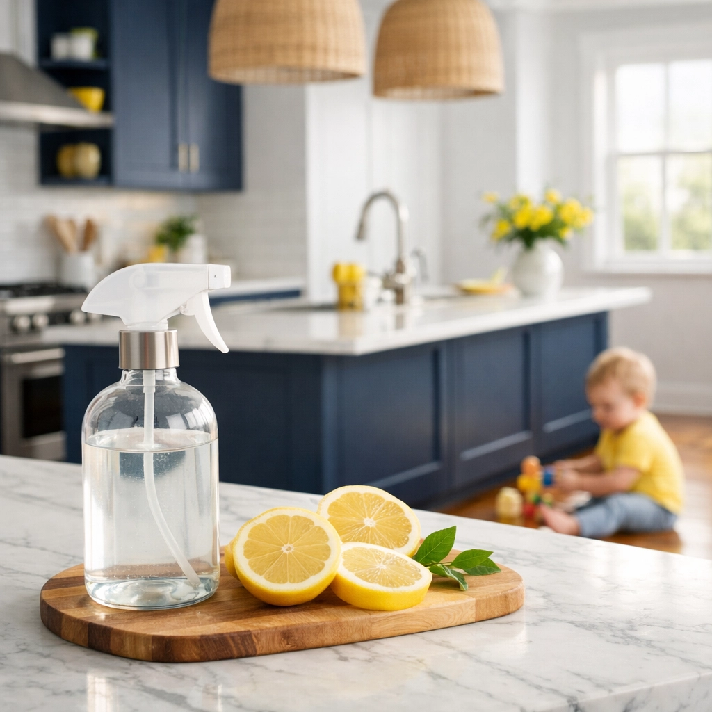 Toddler playing safely on a clean hardwood floor in a Lunenburg kitchen cleaned with non-toxic products.