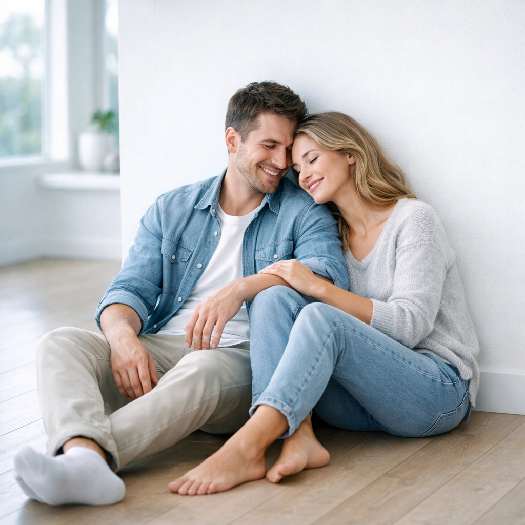 A young couple enjoying peace of mind in their sunlit home thanks to permanent whole life insurance security.