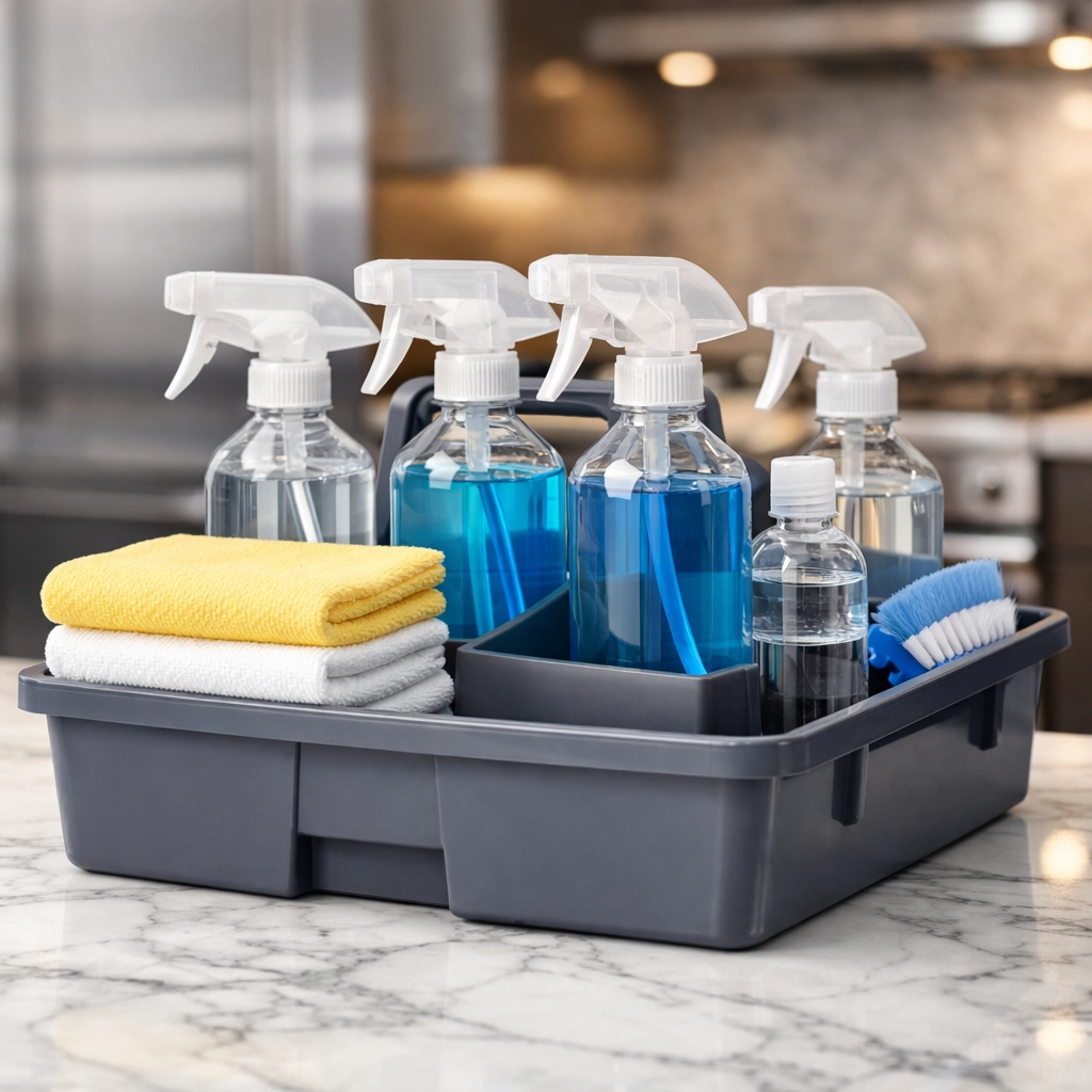 Eco-friendly cleaning supplies and microfiber cloths organized in a caddy for professional house cleaning services.