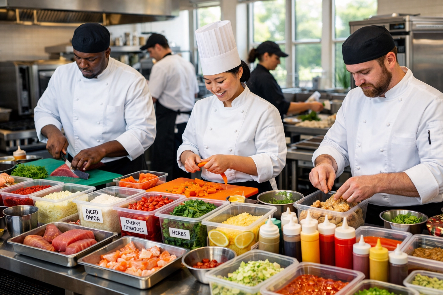 Culinary team preparing mise en place at hotel kitchen workstations