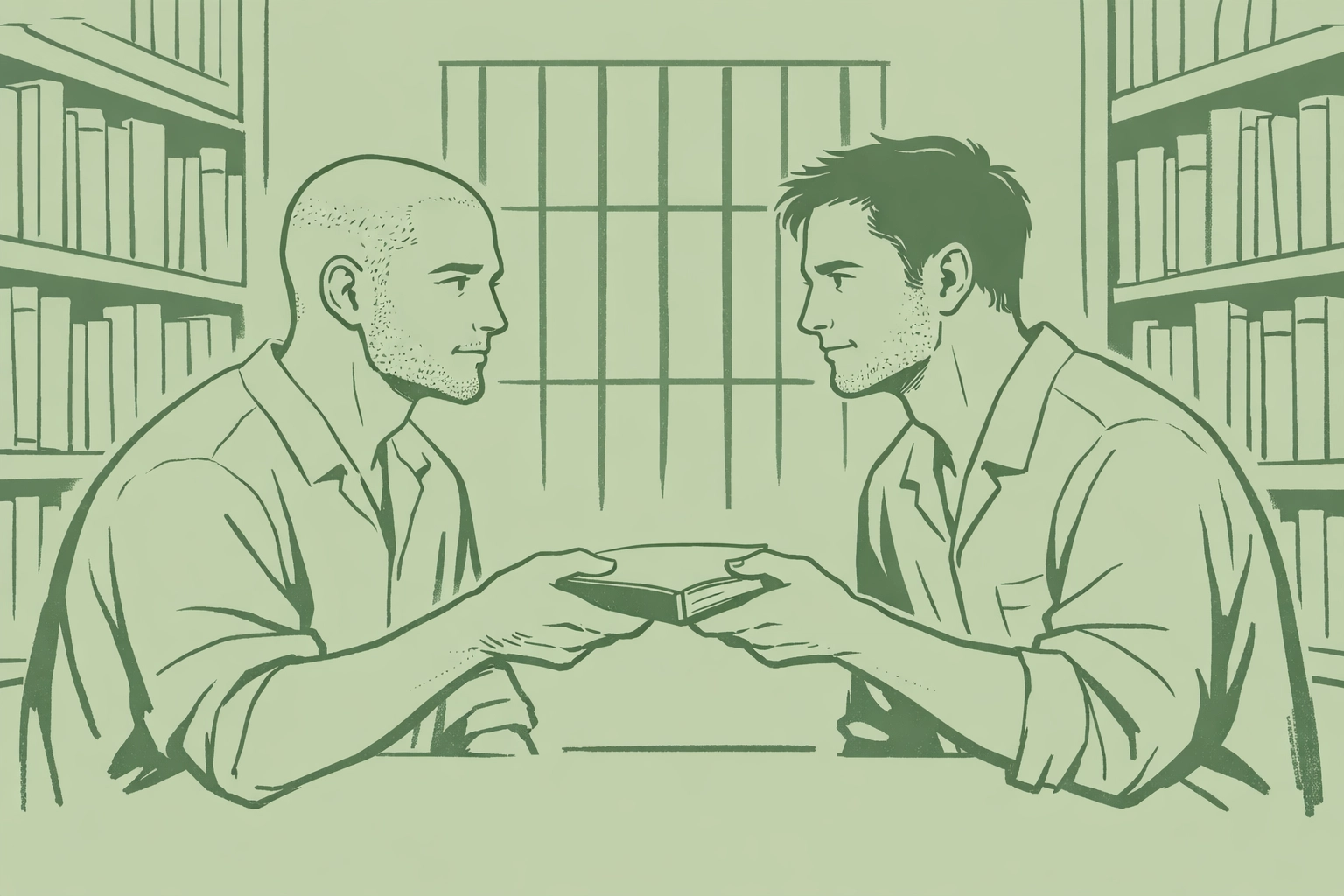 Two men share meaningful moment exchanging book in prison library, illustrating hidden LGBTQ+ connection