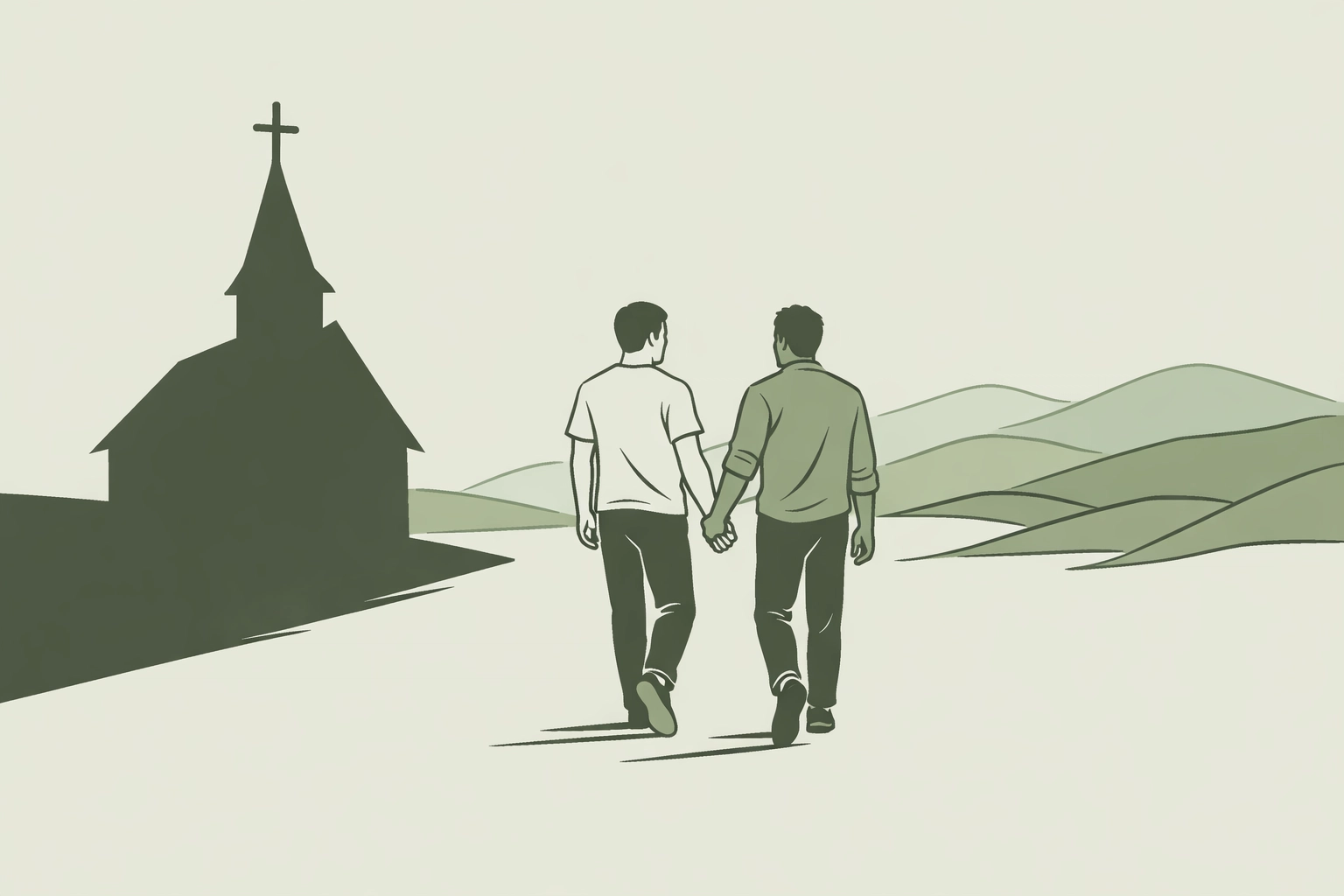 LGBTQ+ book art of a gay couple walking hand-in-hand away from a church toward self-acceptance.