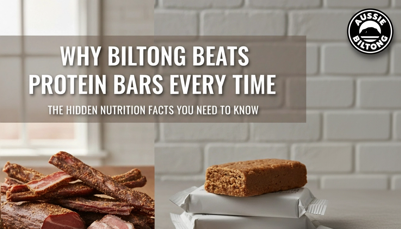 Premium air dried beef biltong snack from Aussie Biltong, benefits of biltong over protein bars, hero image with logo top right