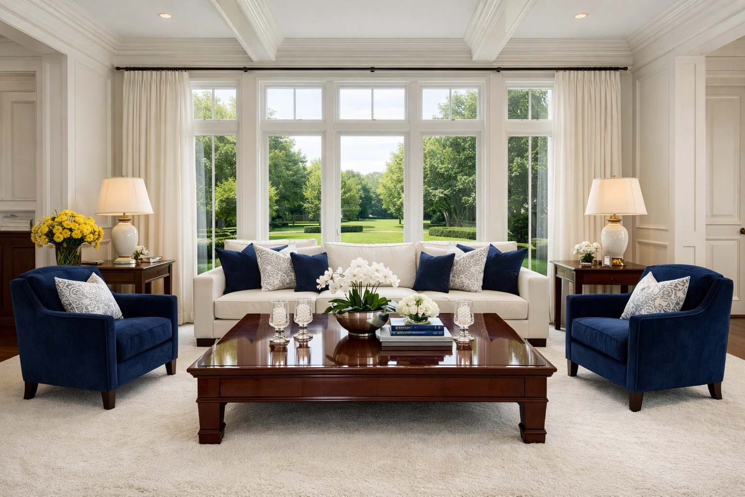 A pristine luxury living room in Dover highlighting expert residential cleaning Massachusetts results.