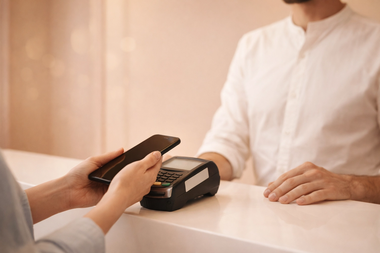 A smiling salon receptionist welcomes a client at the front counter as she prepares for a cashless payment.