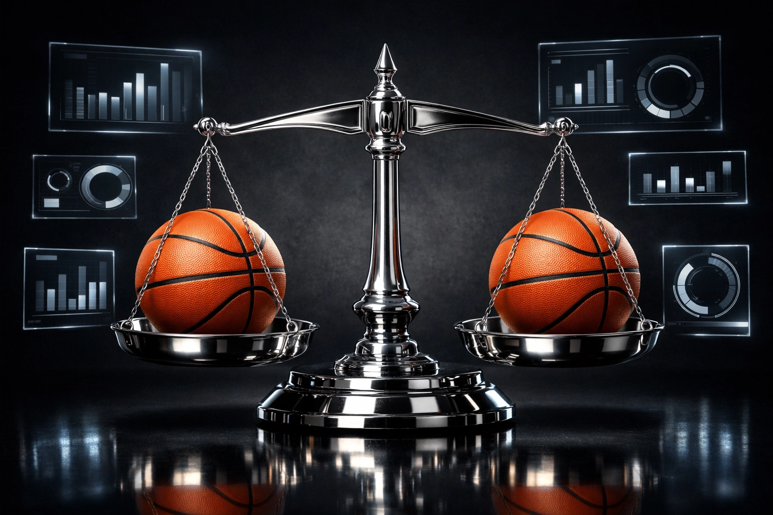 Precision scale balancing basketballs representing NBA AI predictions and win confidence.