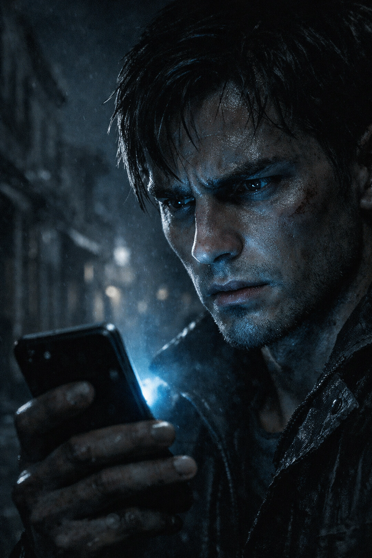 An Afghan man uses a phone in the dark, highlighting the digital risks for LGBTQ+ people in Kabul.