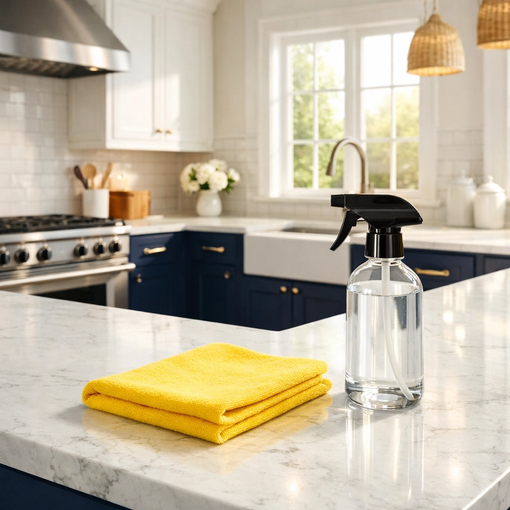 Modern house cleaning in a Shrewsbury kitchen with a professional microfiber cloth and spray bottle.