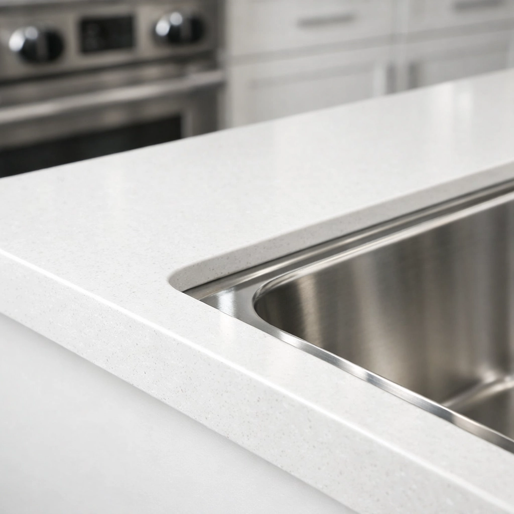 Detailed view of a professionally cleaned modern kitchen with polished quartz countertops and sink.