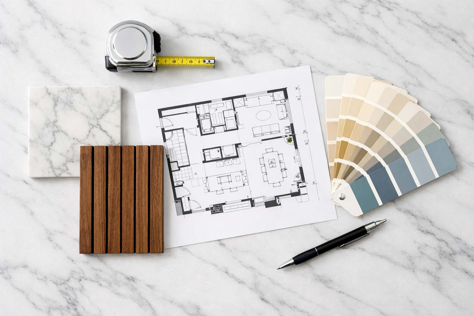 Orlando flooring renovation and interior painting planning with tile samples and paint swatches.