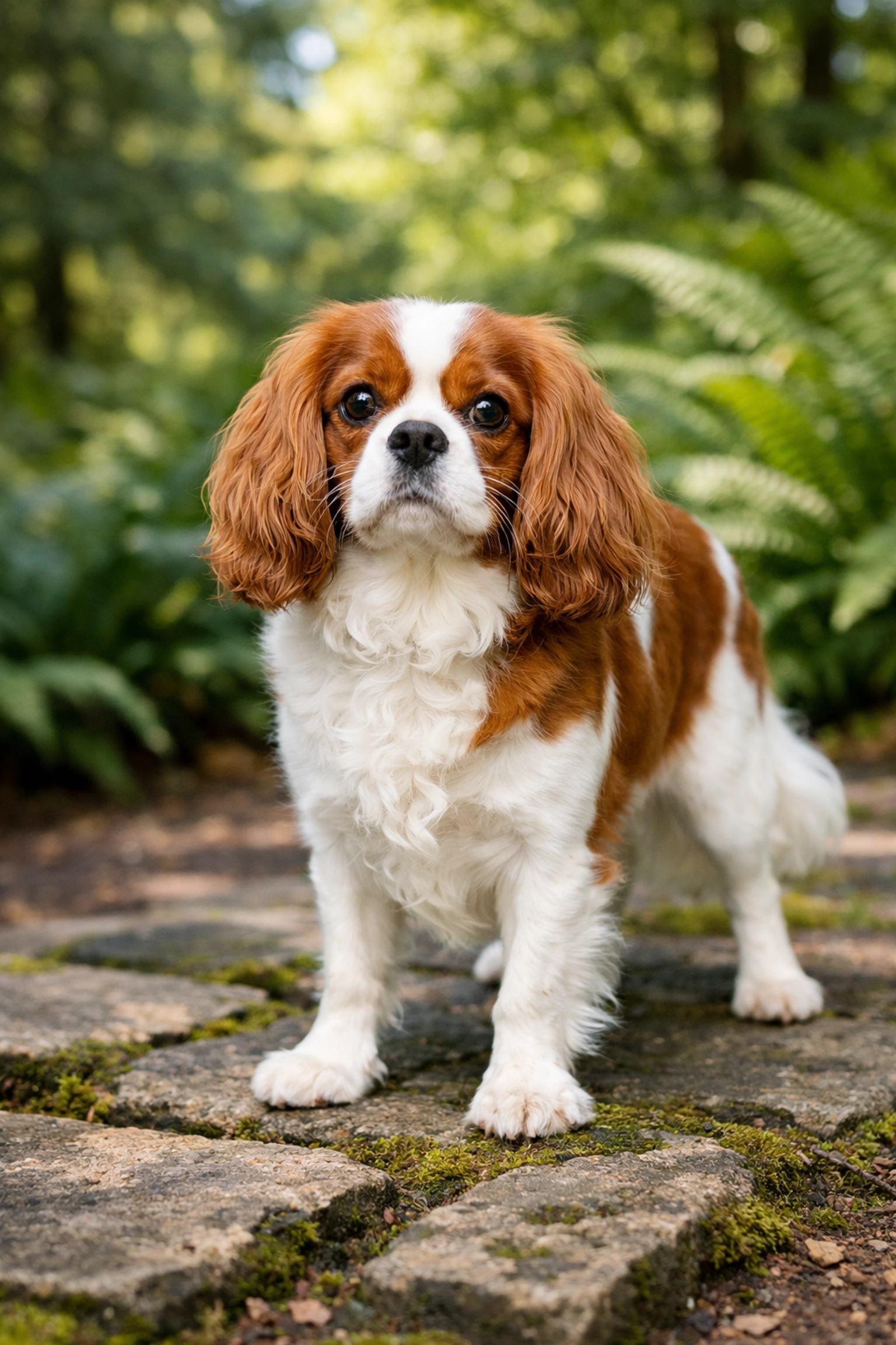 Health-tested Cavalier King Charles Spaniel exploring a lush green park in Portland OR.