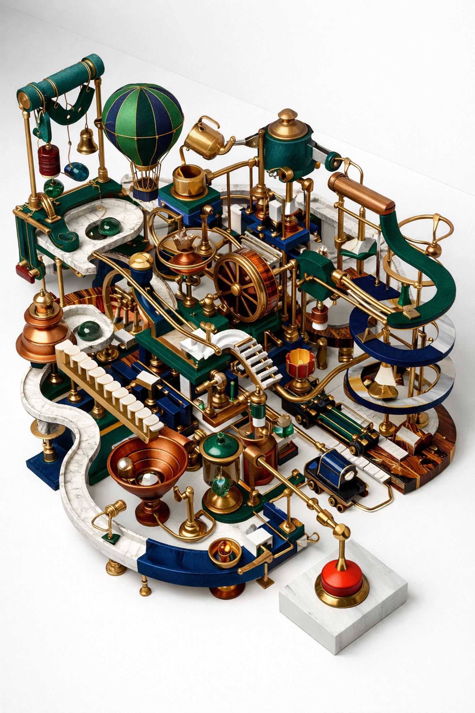A complex Rube Goldberg machine performing a simple task illustrating the pitfall of over-engineered business processes.